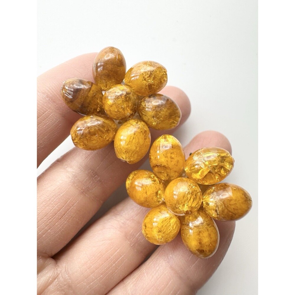 Vintage Signed Western Germany Cluster Bead Earrings Clip On Amber Color